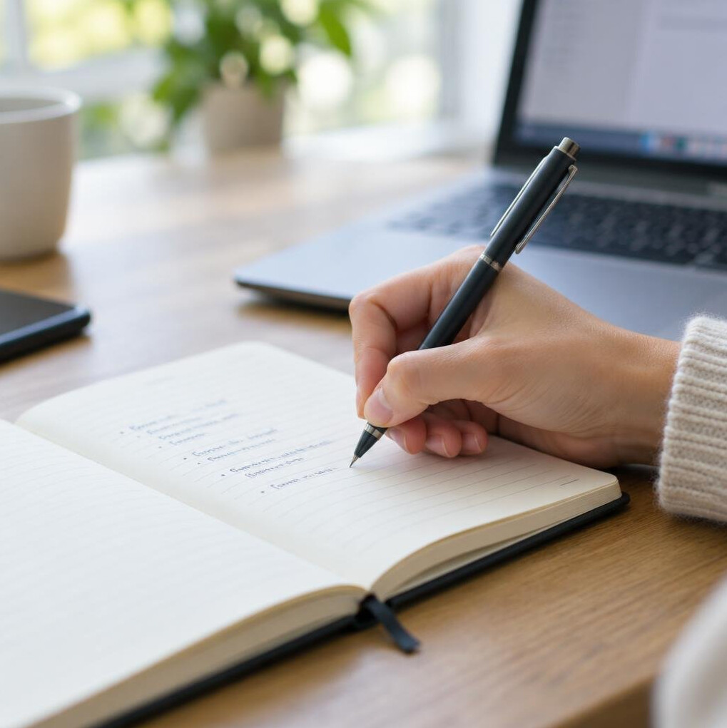 Close-up of a hand writing notes in a notebook