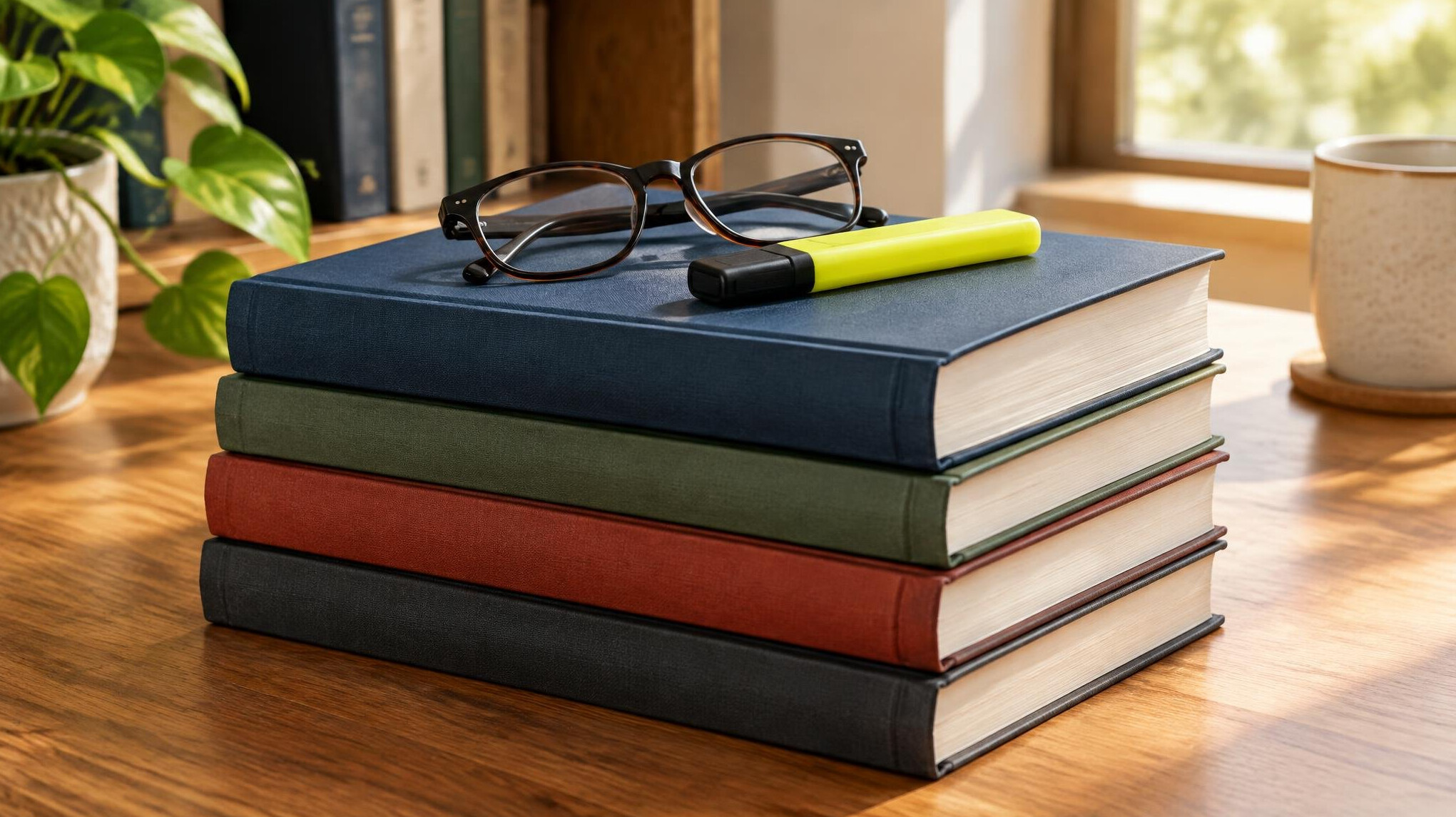Stack of books with glasses and a highlighter on top