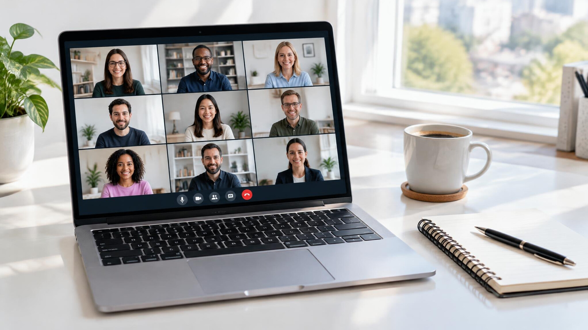 Open laptop displaying a video conference grid