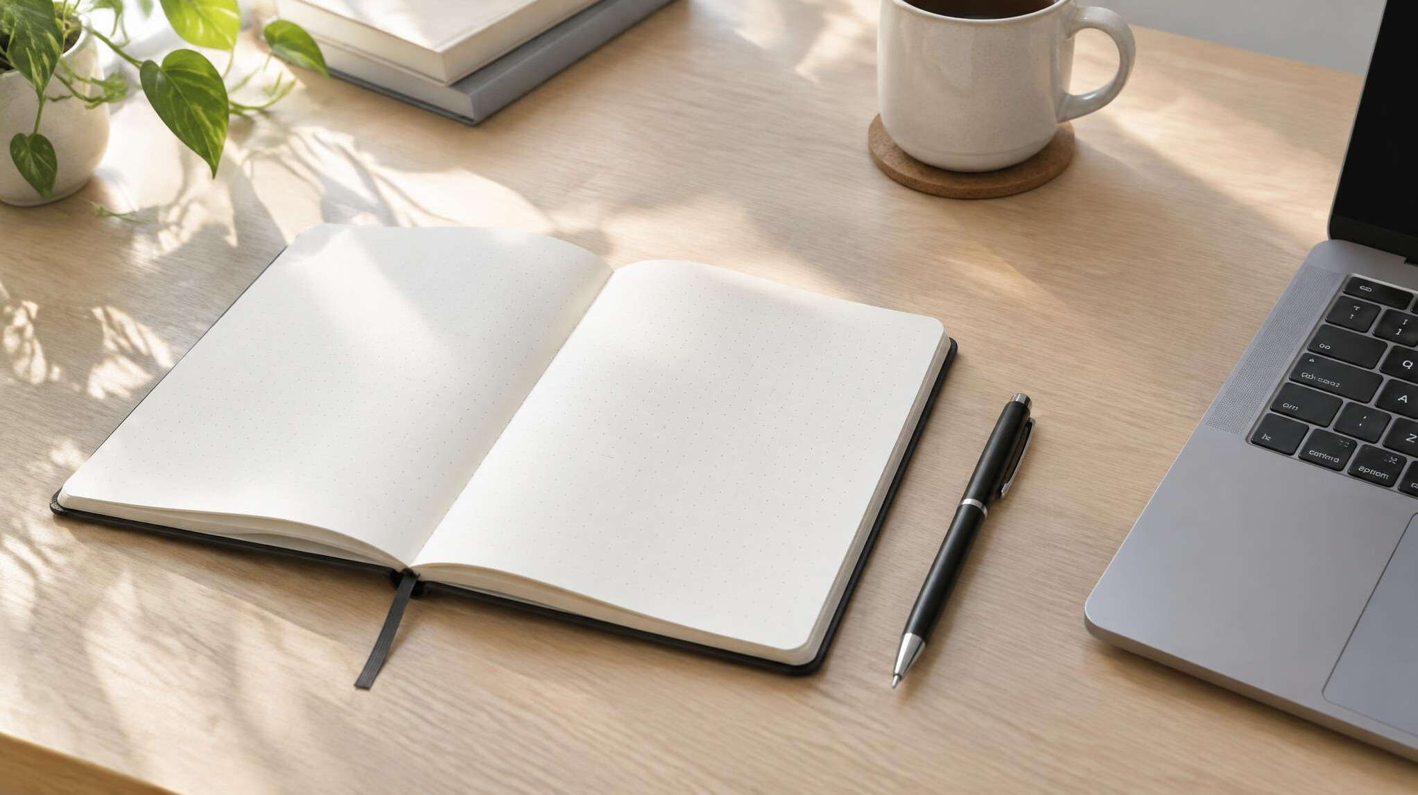 Tidy desk with an open notebook and laptop keyboard