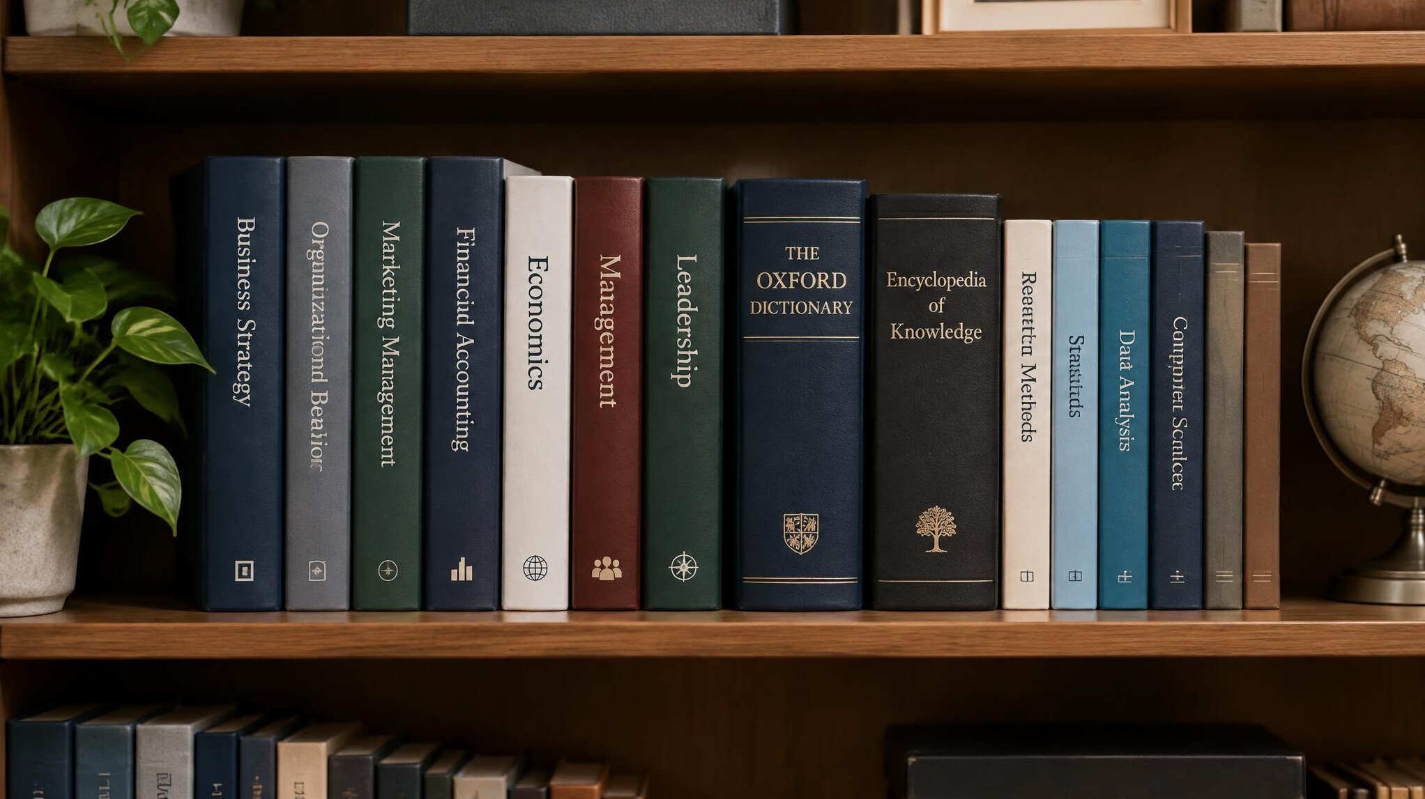 Wooden bookshelf filled with professional books