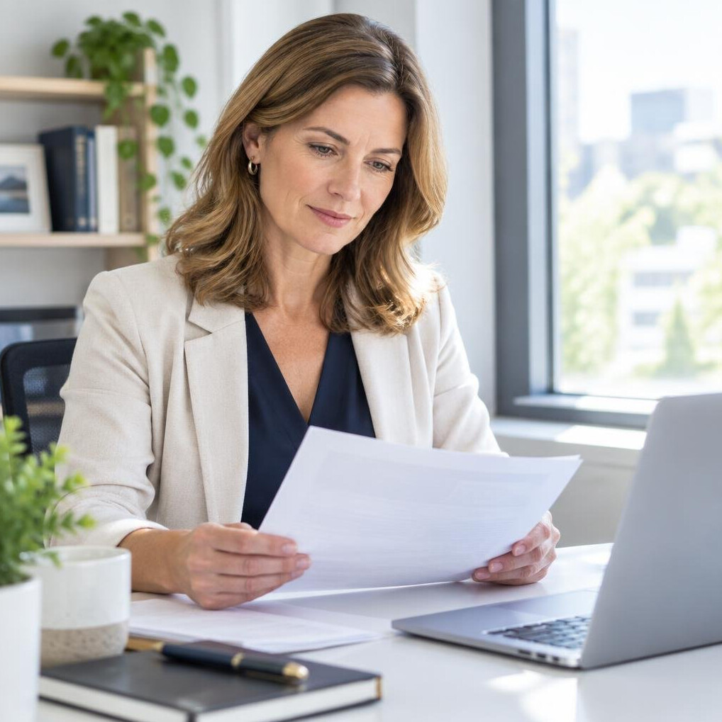Woman studying documents at a desk with a laptop