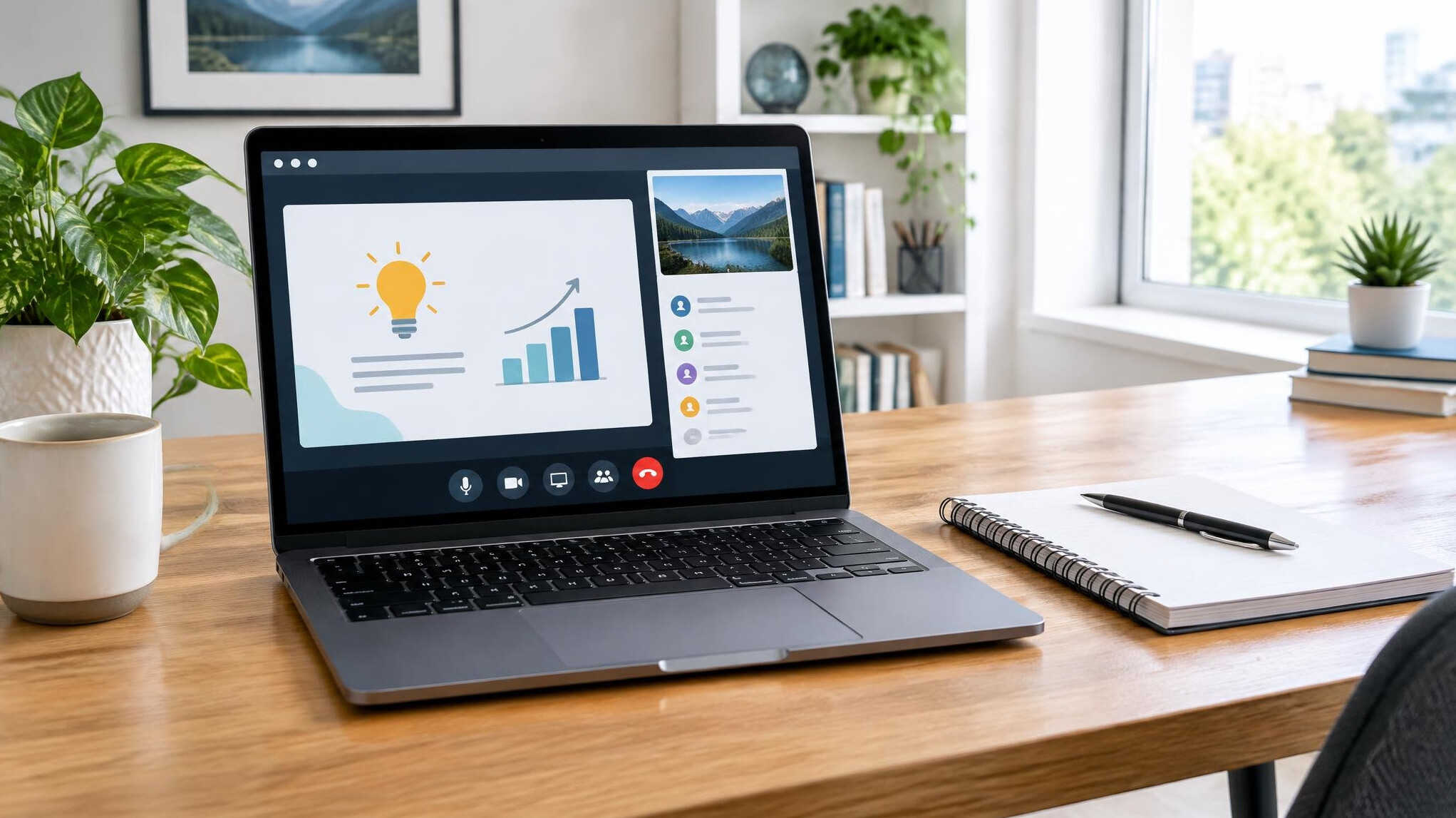 Laptop showing an online learning interface on a wooden desk